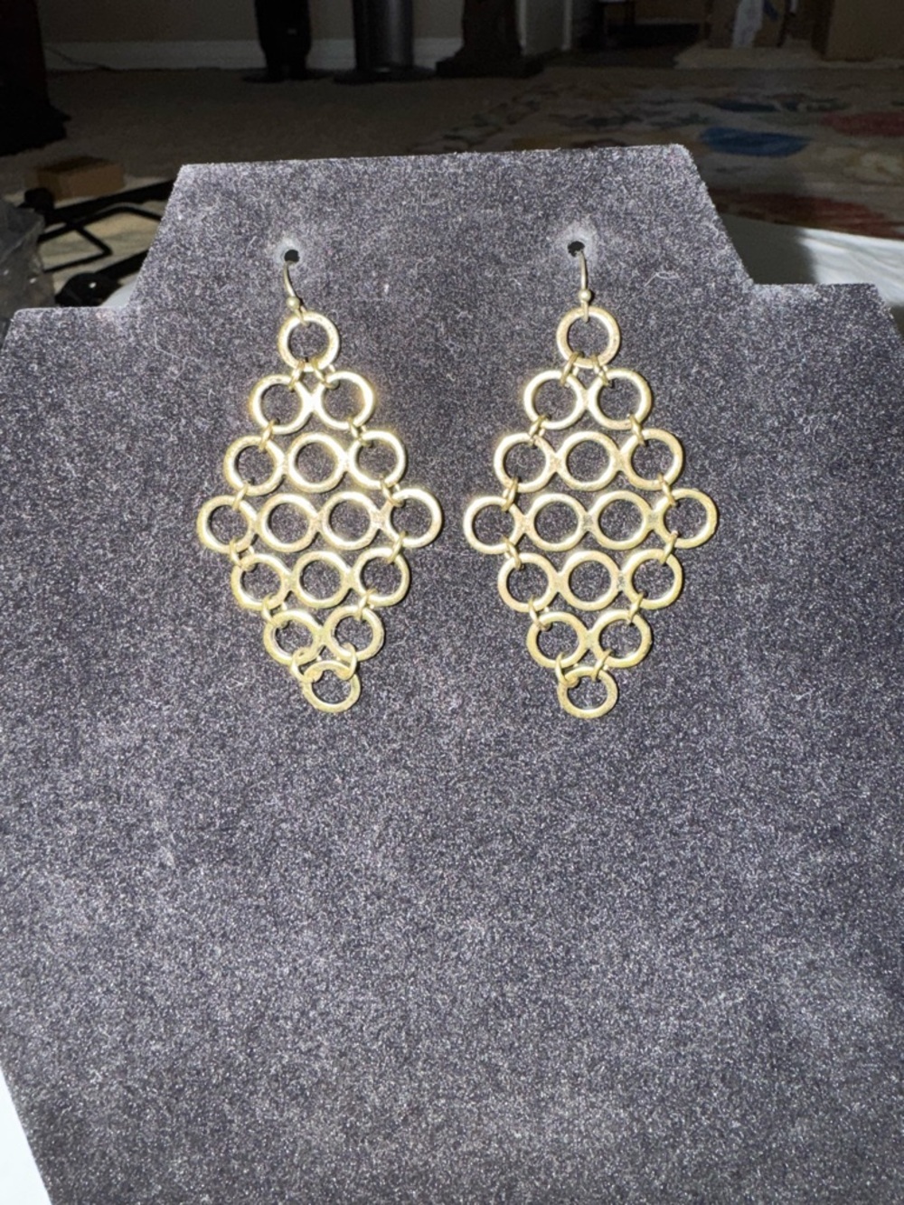 Boho Gold Brass Linked Circle Diamond Dangle Earrings
